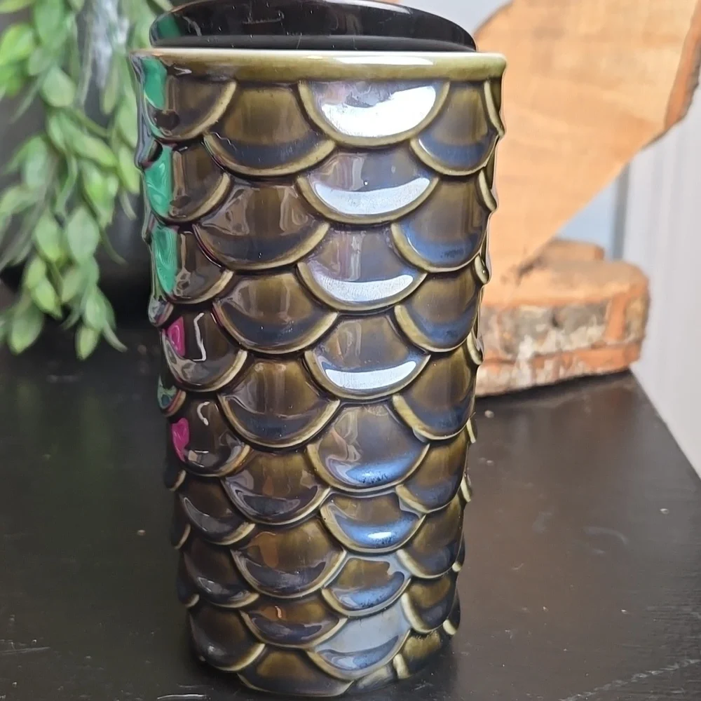 Starbucks Tumblers: Lot Of 2-Ceramic Gun Metal Siren Scale & Petunia Green